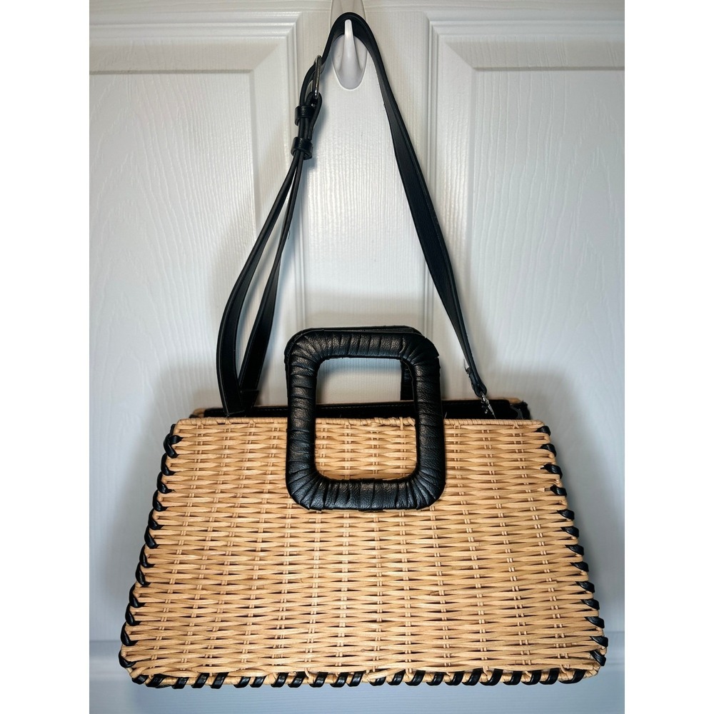 BCBGMAXAZRIA Wicker Whipstitch Woven Straw Top Handle Bag Black Leather Trim